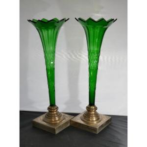 In Honor Of  Horses, Circa 1820, Pair Of Green Bristol Crystal Vases, Good Condition