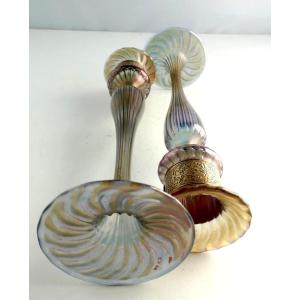Austrian Jugendstil, 2 Iridescent Blown Glass Candlesticks. (bakalowits?)