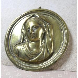 High Relief Bronze Plaquette, Louis XIV Period, Face Of Virgin