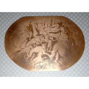 Wolf Hunt, Beautiful Copper Engraving Plaque, 17th Century Style