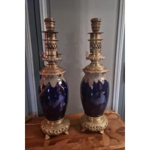 Pair Of Large Napoleon III Period Lamps In Porcelain