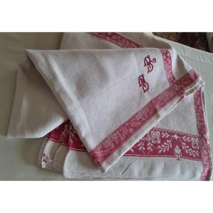 Rectangular Damask Tablecloth With Stripe Decor And Red Border Early 20th Century