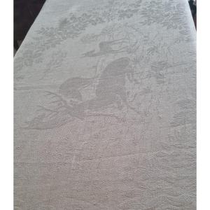 19th Century Hunting Tablecloth Ivory Damask Hunting Decor.