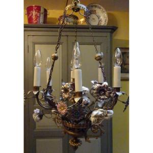 Bronze Chandelier Decorated With A Bouquet Of Flowers Late 19th Century