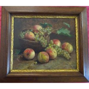 Oil On Canvas Painting Depicting A Basket Of Peaches And Grapes, Late 19th Century