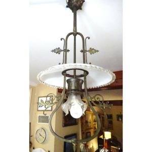 Late 19th Century Bronze And Opaline Chandelier