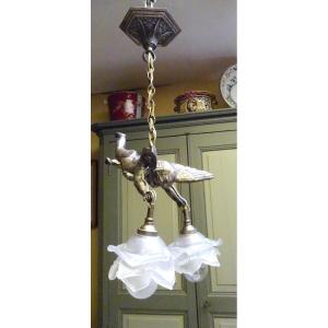 Small Chandelier From The Early 20th Century With Silver-plated Metal Cherub
