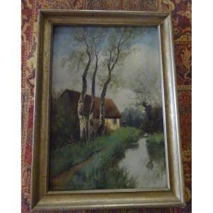 Painting Representing A Cottage By The Water, Late 19th Century