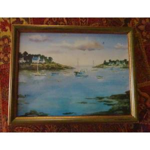 Watercolor Seaside Landscape With Boats In A Cove, Early 20th Century