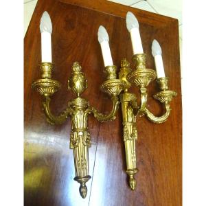 Large Pair Of Louis XVI Style Chiseled And Gilded Bronze Wall Sconces