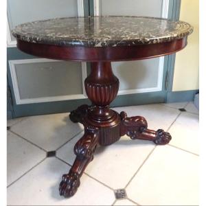 Empire Period Pedestal Table In Mahogany With Claw Feet And Marble Top