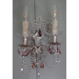 Pair Of Small Silver-plated Bronze Sconces With Crystals