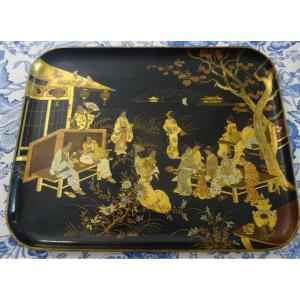 Very Large Napoleon III Tray In Bouilli Cardboard With Oriental Decoration