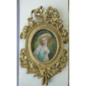 Miniature On Ivory And Bronze Frame, 19th Century