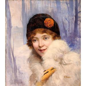 Portrait Of A Young Woman Signed Besques, Oil On Canvas, Art Deco Period.