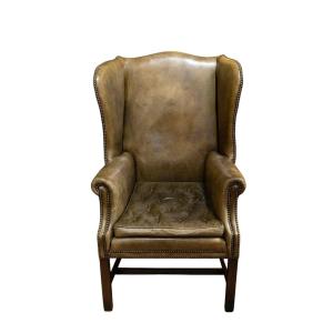  English Armchair Called "wing Chair" In Green Leather. Circa 1920