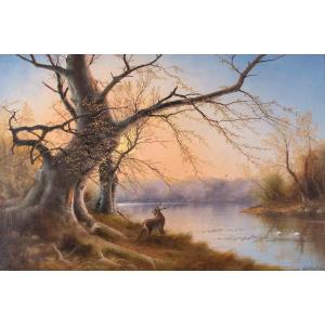 Nils Hans Christiansen (1850-1922). Landscape With Deer