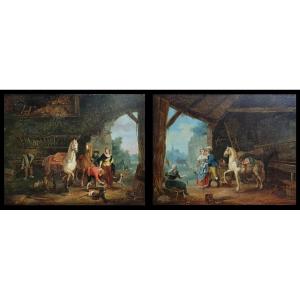 Pair Of Oils On Panel Dutch School Eighteenth Century Horse Stable Scene