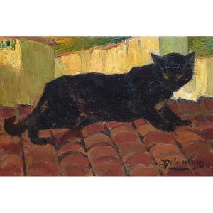 Henri Deluermoz The Black Cat On A Roof Oil On Canvas