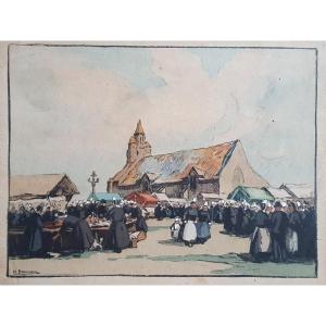 Henri Barnoin The Forgiveness Of Our Lady Of Joy Penmarc'h Lithograph Gouache Brittany