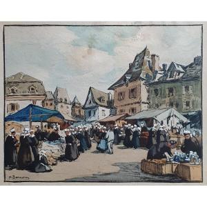 Henri Barnoin A Market In Brittany Lithograph Heightened With Gouache