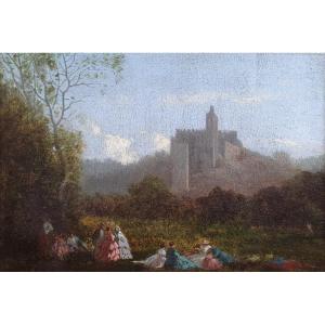 Lunch On The Grass In Front Of A Castle Oil On Panel Circa 1860 Signature To Identify
