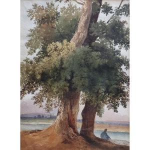 Fisherman With A Net At The Water's Edge Watercolor Circa 1840