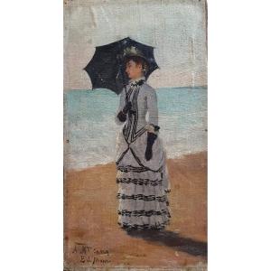 Emilio Jacinto Mauri Elegant With A Parasol By The Sea Oil On Canvas Venezuela