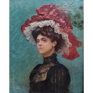 Woman In Hat With Peacock Feathers Circa 1890 Oil On Canvas