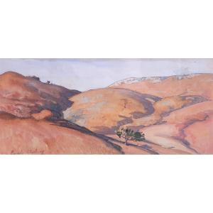 Emile Aubry Mountain Landscape With Tree Gouache On Paper