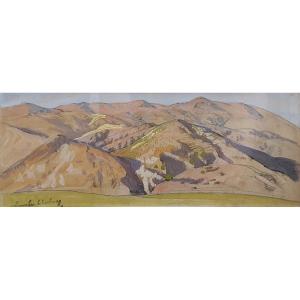 Emile Aubry Landscape Of Mountains Gouache On Paper