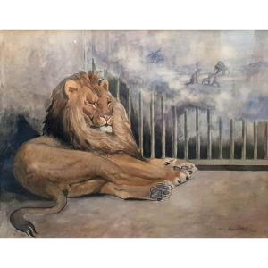 Lion In A Cage Dreaming Of Freedom Large Watercolor Circa 1900 Signed C Mansion