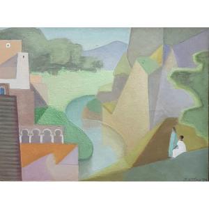 Jacques Azéma View Of A Village Characters Tempera On Cardboard Or Orientalist Paper Morocco