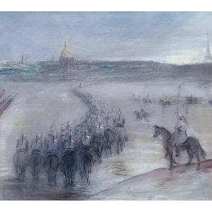 Parade Of Cuirassiers In Front Of The Invalides And The Eiffel Tower Paris Pastel Military