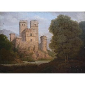 Character On A Boat In Front Of A Castle Italy Oil On Canvas Circa 1830