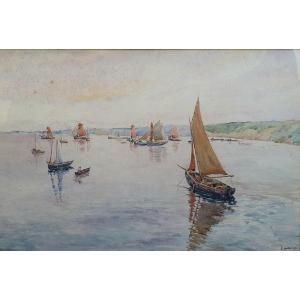 Emile Gudin Marine Boats In Brittany Watercolor 1920