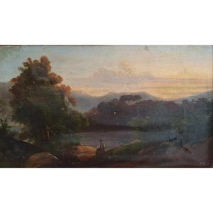 French Romantic School Animated Landscape Monogram Db 1842 Oil On Paper