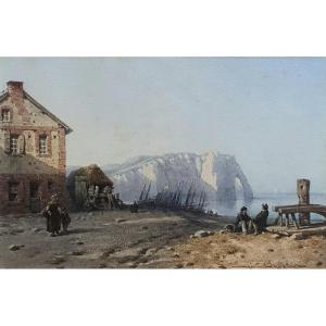 Eugène Soulier Animated Scene In Etretat Watercolor On Paper 19th Century Normandy