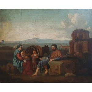 Flight Into Egypt Oil On Panel From The 18th Century Italy Ruins
