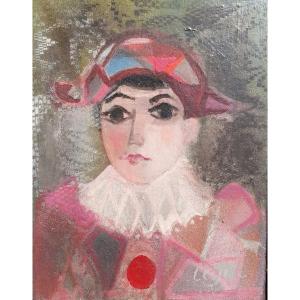 Portrait Of Harlequin Oil On Canvas Circa 1940 Signature To Identify Circus 