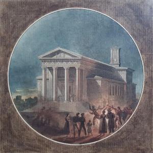 Notre-dame De Lorette Watercolor On Engraving Line Paris Early 19th Century Miniature