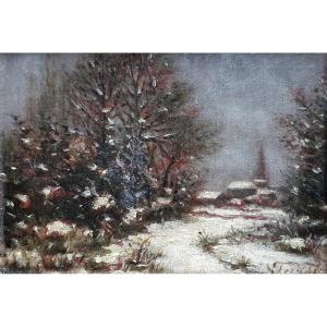 Snow Landscape From The 19th Century Small Oil On Canvas Signed Faust