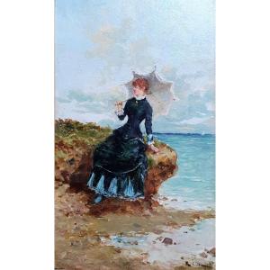 Ricardo Corchon Y Diaqué Elegant With Umbrella By The Sea Oil On Panel Spanish School