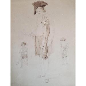 Study Of A Man With A Bicorn Wash And Lead Pencil 19th Century