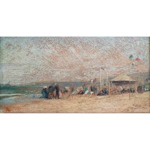 Animated Beach Scene Oil On Impressionist Panel Circa 1880 Normandy Monogram