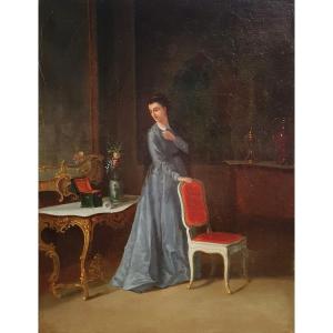 Woman In A Bourgeois Interior Oil On Canvas 19th Century Jewelry Box  