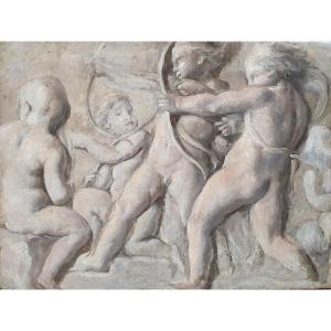 Putti With Arcs Oil On Grisaille Canvas 19th Century