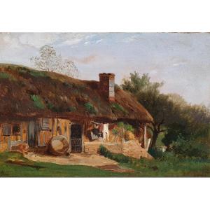Léon Fleury Thatched Cottage Probably In Normandy Oil On Paper Mounted On Canvas 19th Century