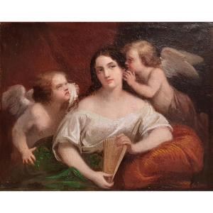 Cherubs And Woman With A Fan Oil On Canvas Signature To Decipher Circa 1850