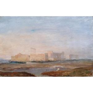 The Ancient Ruins Of Baalbek Oil On Canvas 19th Century Lebanon Columns Of The Temple Of Jupiter